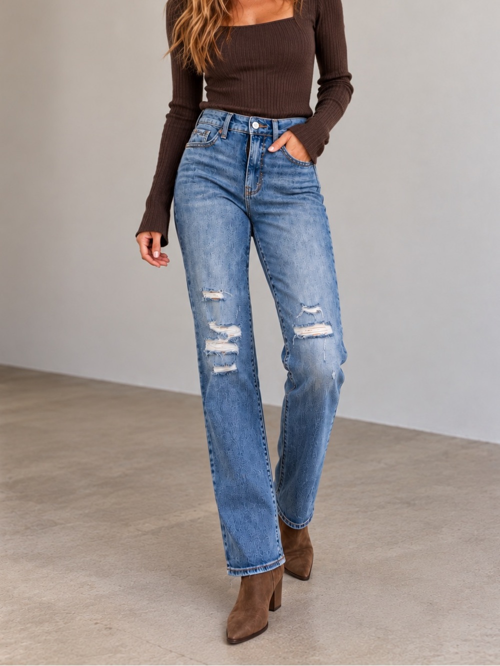 Buckle Black Fit No 75 Classic Straight Jeans Distressed Medium Wash 26x32